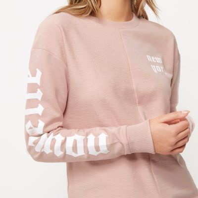 Pink &#39;New York&#39; print splice sweatshirt